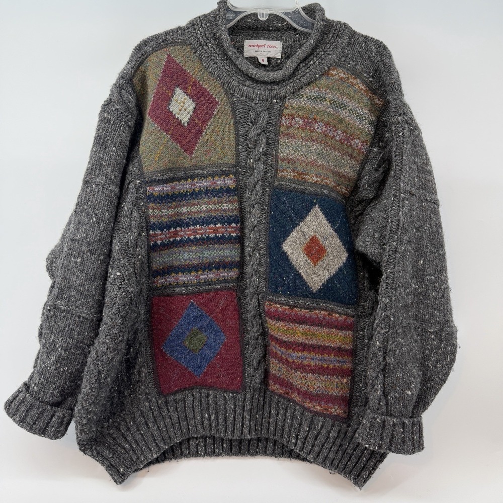 Vtg Michael Ross Grandpa Sweater 100% Wool Heavy Warm Sz 8 Made In England